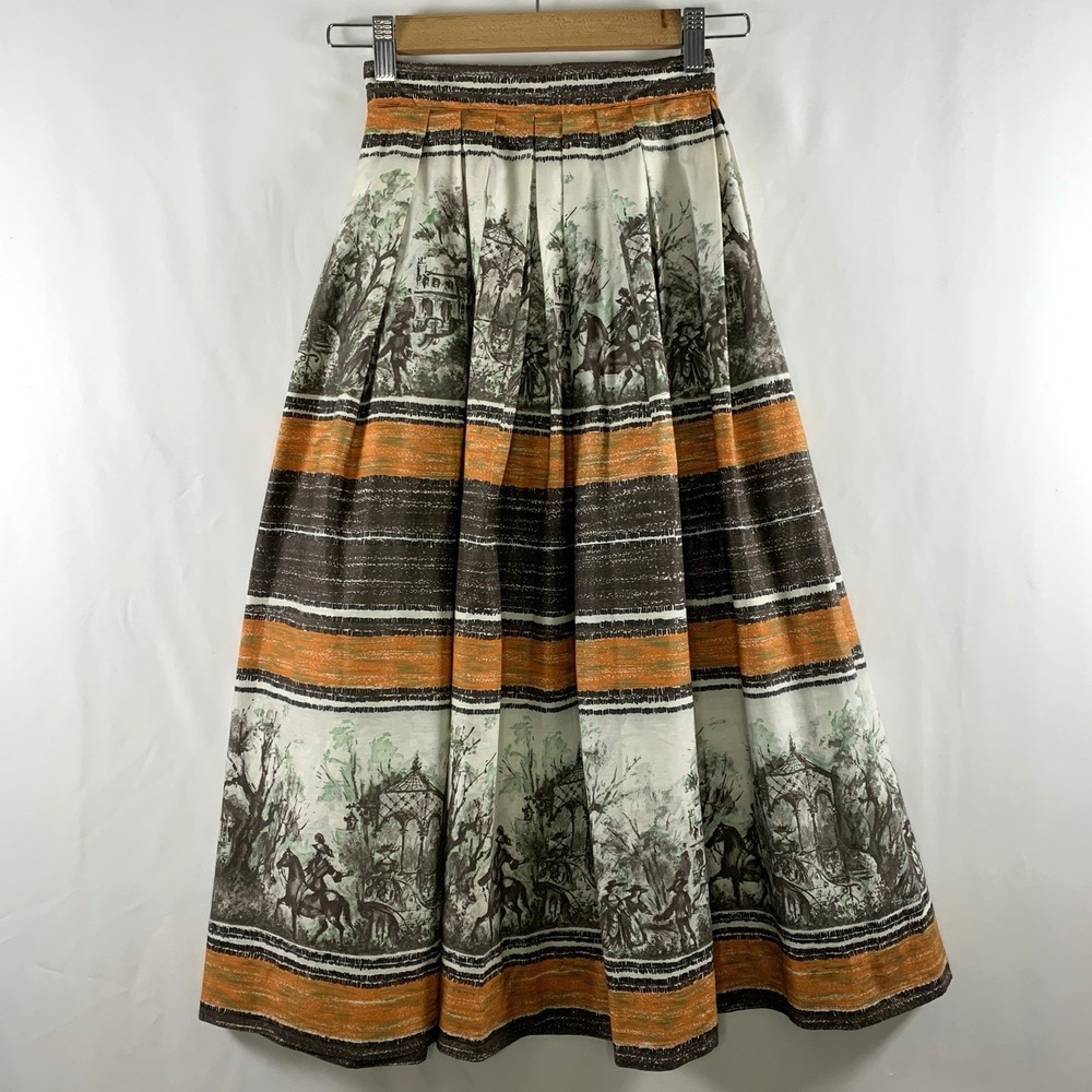 Vintage 1950s Equestrian Scenic Novelty Print Full Midi Skirt Size XXS Heritage